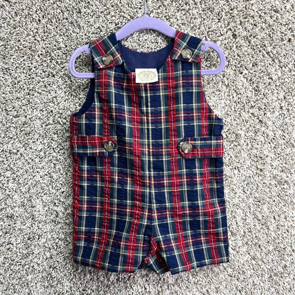 The Beaufort Bonnet Company Overalls Baby 6-12M Navy Blue & Red Plaid